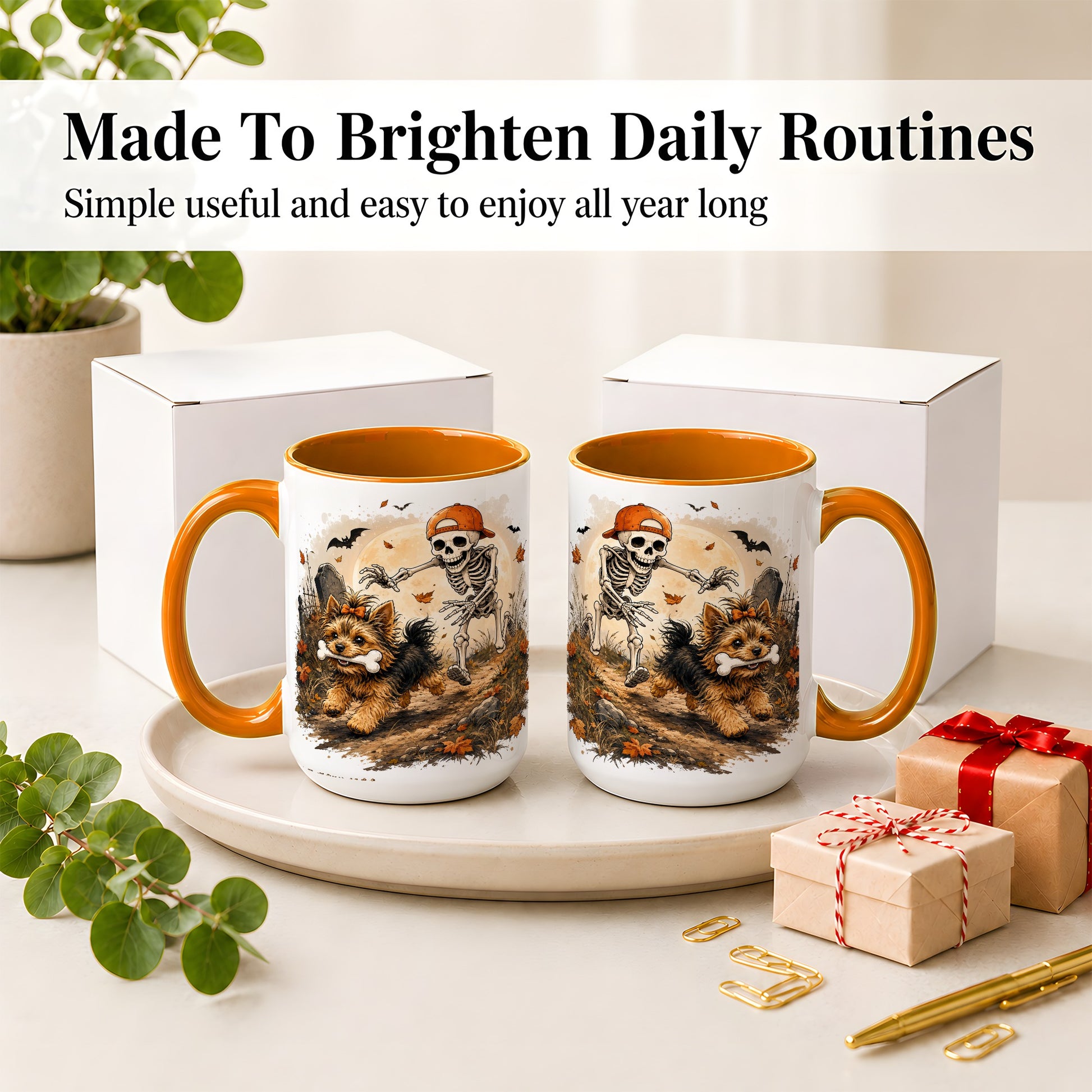 #pl[15oz|Orange] Graveyard Skeleton Yorkie Ceramic Mug, Halloween Art for Dog Lovers
