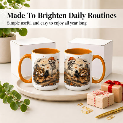#pl[15oz|Orange] Graveyard Skeleton Yorkie Ceramic Mug, Halloween Art for Dog Lovers