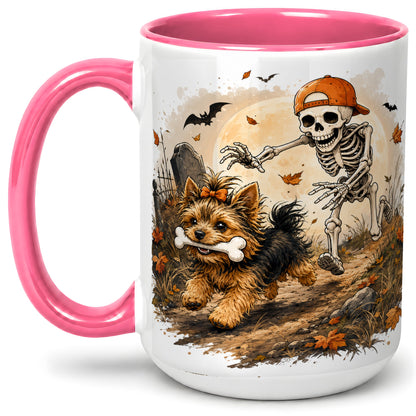 #pl[15oz|Pink] Graveyard Skeleton Yorkie Ceramic Mug, Halloween Art for Dog Lovers