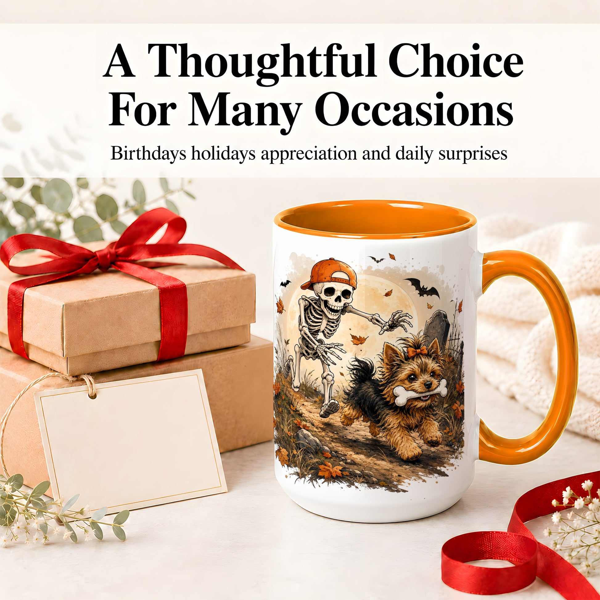 #pl[15oz|Orange] Graveyard Skeleton Yorkie Ceramic Mug, Halloween Art for Dog Lovers