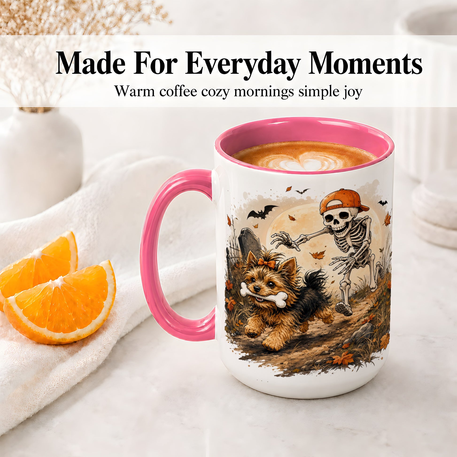 #pl[15oz|Pink] Graveyard Skeleton Yorkie Ceramic Mug, Halloween Art for Dog Lovers