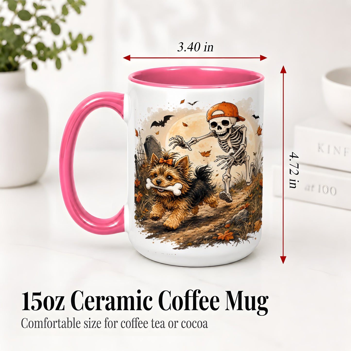 #pl[15oz|Pink] Graveyard Skeleton Yorkie Ceramic Mug, Halloween Art for Dog Lovers
