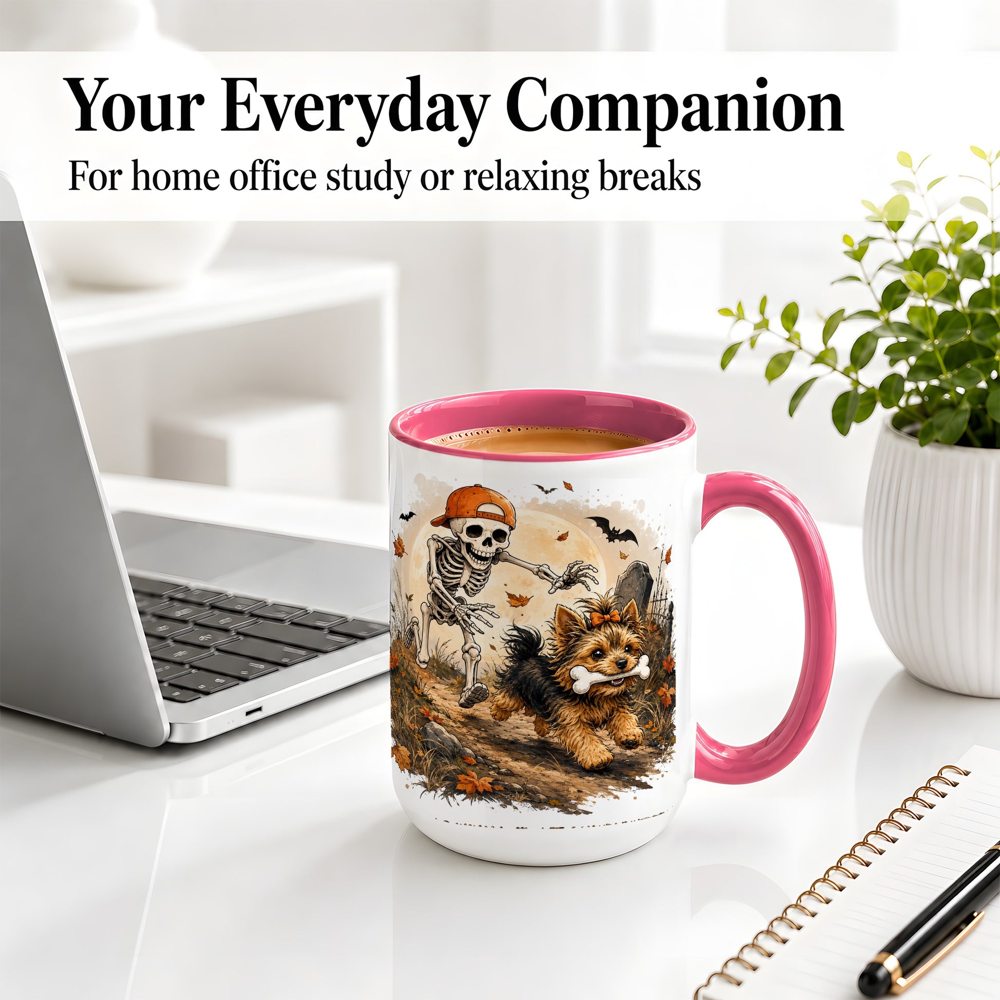 #pl[15oz|Pink] Graveyard Skeleton Yorkie Ceramic Mug, Halloween Art for Dog Lovers
