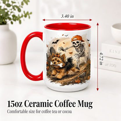 #pl[15oz|Red] Graveyard Skeleton Yorkie Ceramic Mug, Halloween Art for Dog Lovers