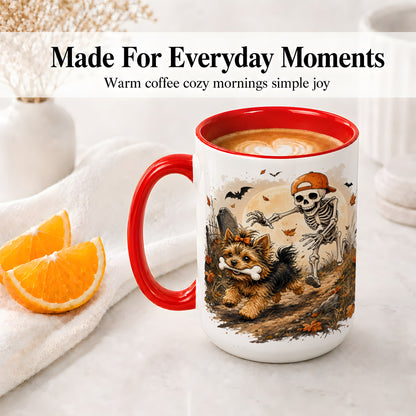 #pl[15oz|Red] Graveyard Skeleton Yorkie Ceramic Mug, Halloween Art for Dog Lovers
