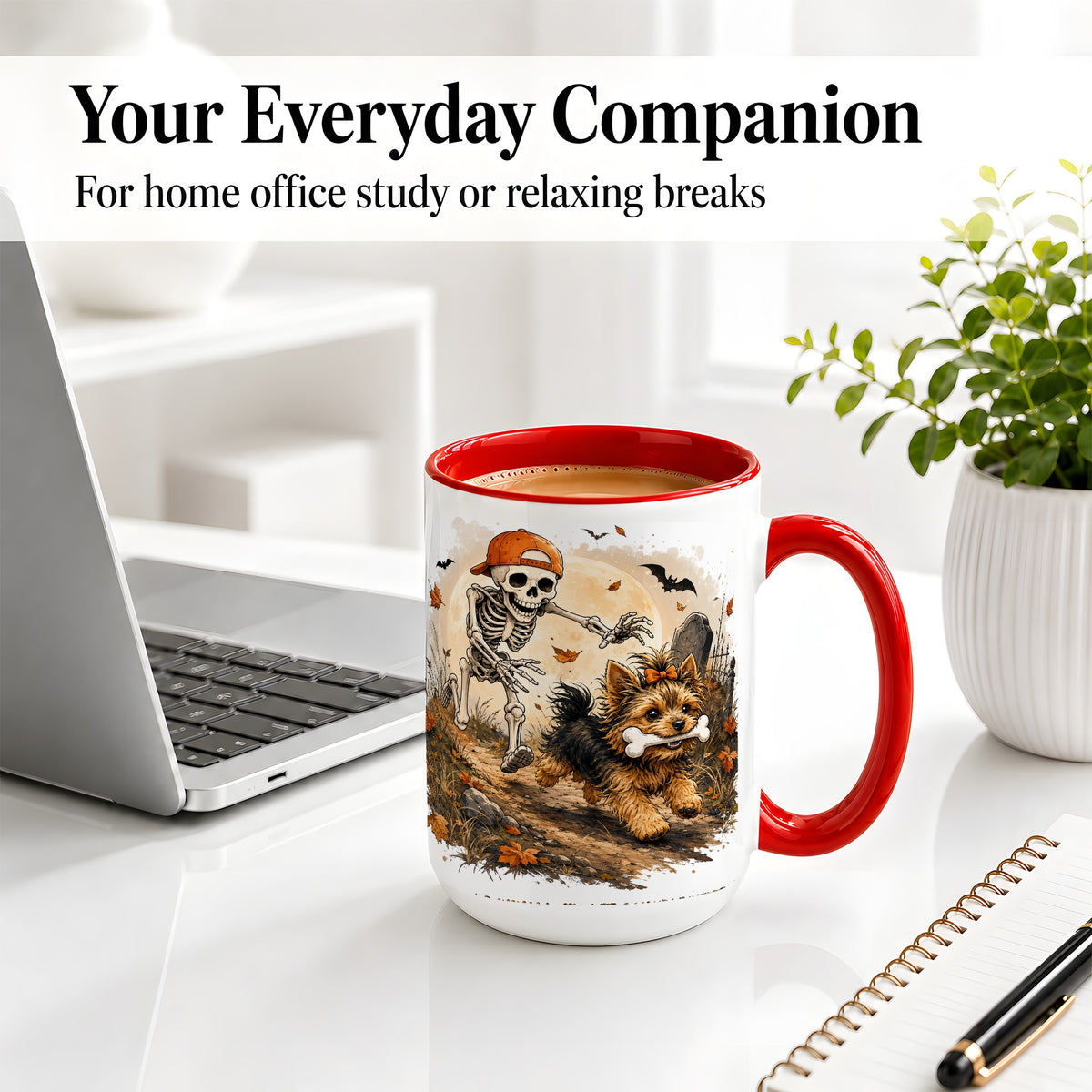 #pl[15oz|Red] Graveyard Skeleton Yorkie Ceramic Mug, Halloween Art for Dog Lovers