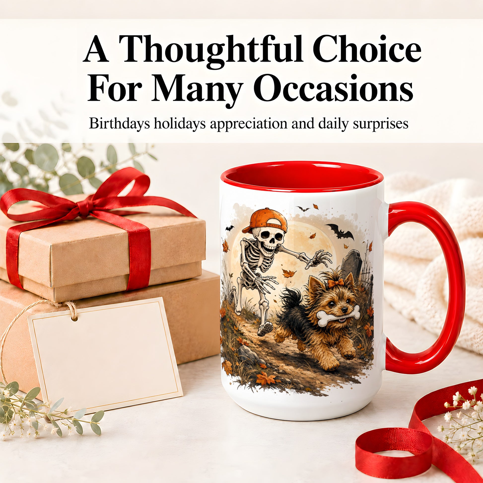 #pl[15oz|Red] Graveyard Skeleton Yorkie Ceramic Mug, Halloween Art for Dog Lovers