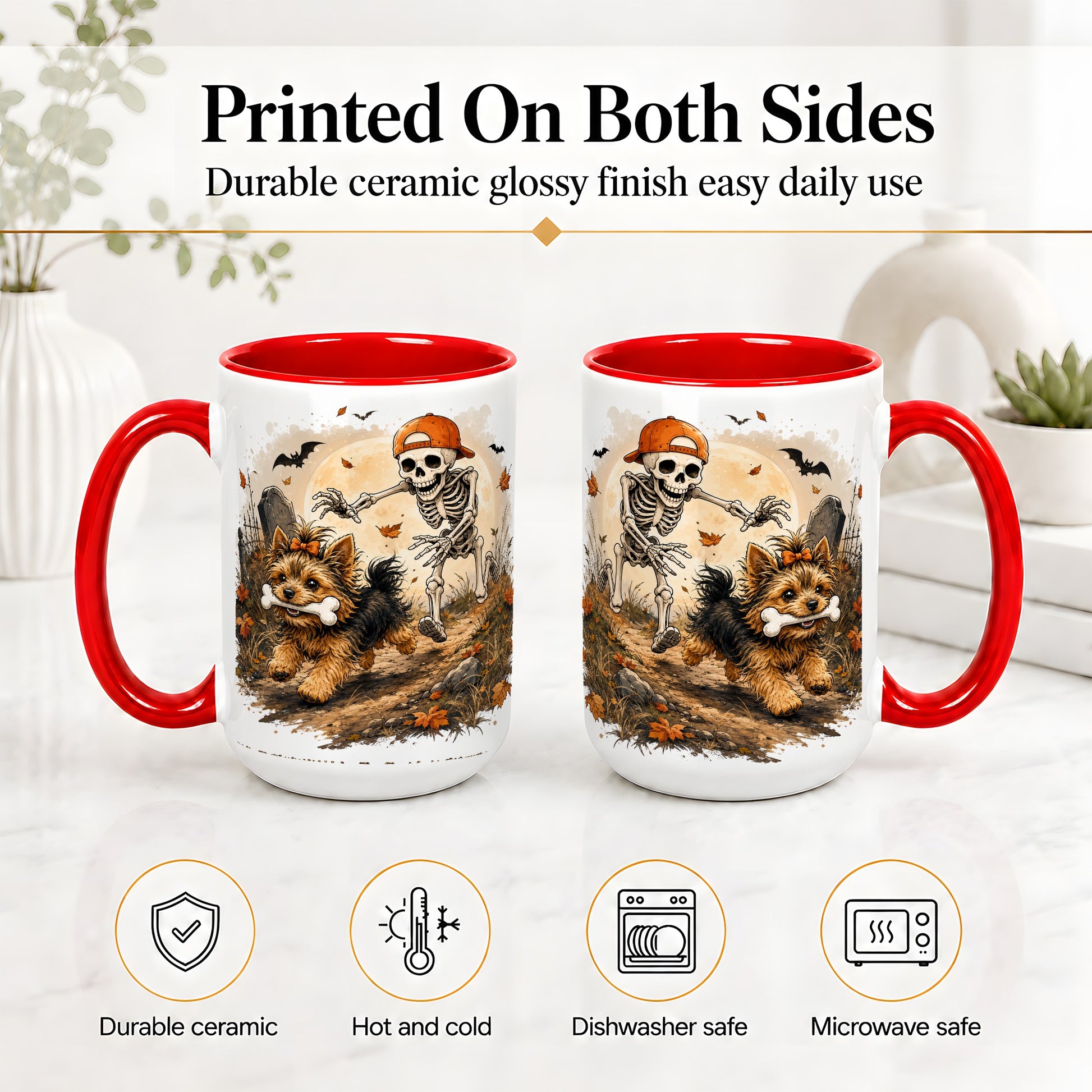#pl[15oz|Red] Graveyard Skeleton Yorkie Ceramic Mug, Halloween Art for Dog Lovers