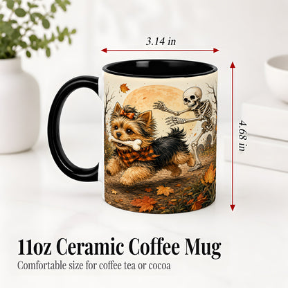 #pl[11oz|Black] Autumn Moon Yorkie Chase Ceramic Mug, Skeleton Art for Dog Lovers