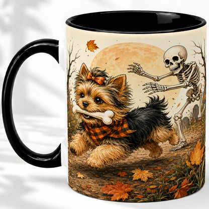 #pl[11oz|Black] Autumn Moon Yorkie Chase Ceramic Mug, Skeleton Art for Dog Lovers