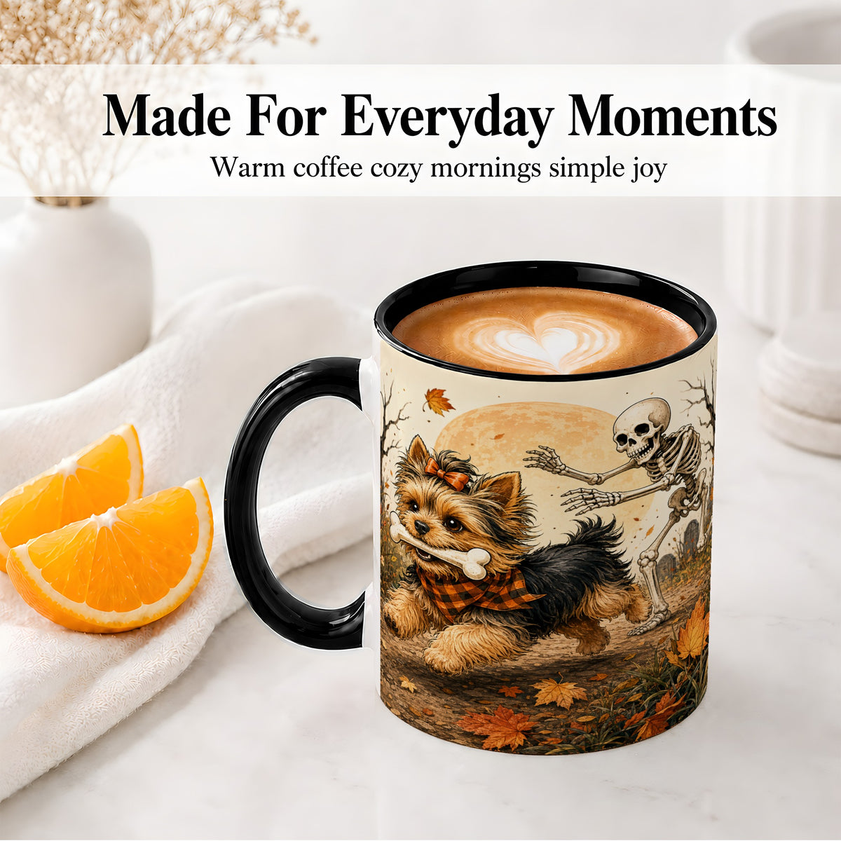 #pl[11oz|Black] Autumn Moon Yorkie Chase Ceramic Mug, Skeleton Art for Dog Lovers