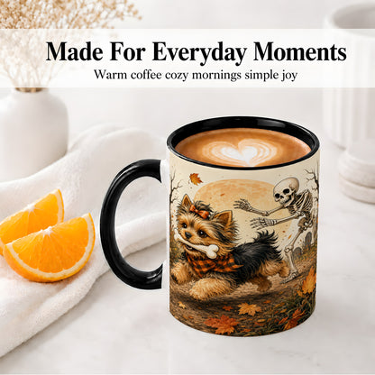 #pl[11oz|Black] Autumn Moon Yorkie Chase Ceramic Mug, Skeleton Art for Dog Lovers