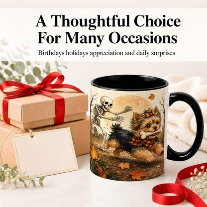 #pl[11oz|Black] Autumn Moon Yorkie Chase Ceramic Mug, Skeleton Art for Dog Lovers
