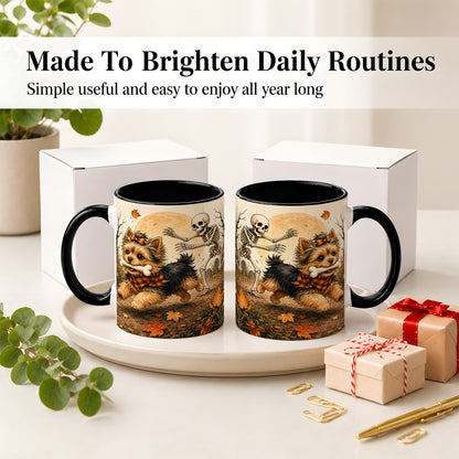 #pl[11oz|Black] Autumn Moon Yorkie Chase Ceramic Mug, Skeleton Art for Dog Lovers
