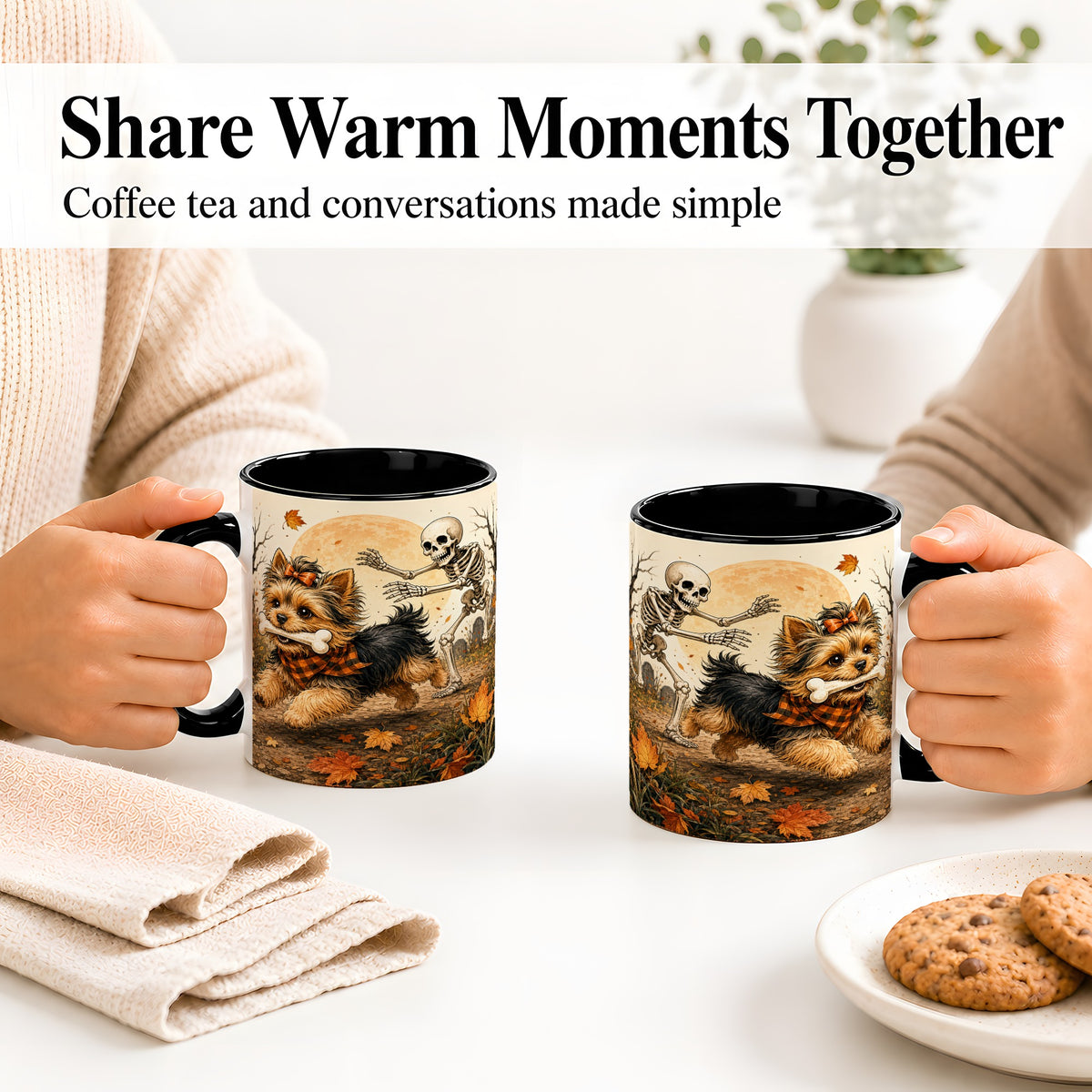 #pl[11oz|Black] Autumn Moon Yorkie Chase Ceramic Mug, Skeleton Art for Dog Lovers