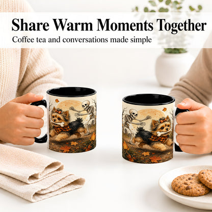 #pl[11oz|Black] Autumn Moon Yorkie Chase Ceramic Mug, Skeleton Art for Dog Lovers