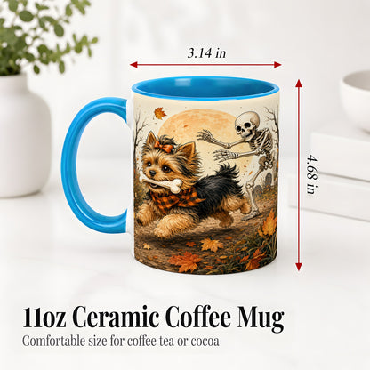 #pl[11oz|Blue] Autumn Moon Yorkie Chase Ceramic Mug, Skeleton Art for Dog Lovers