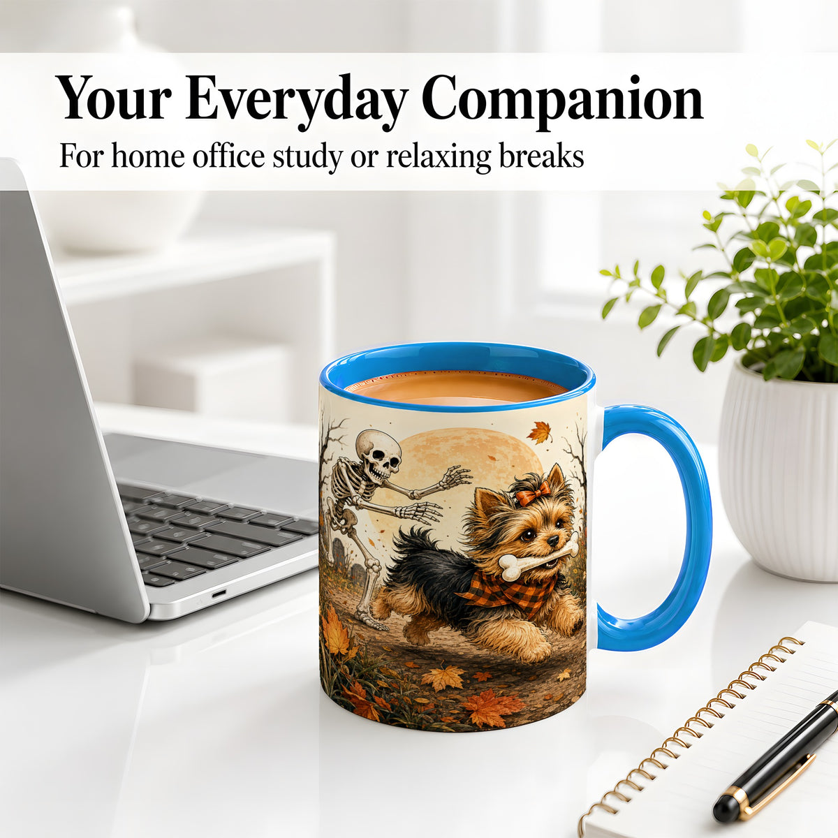 #pl[11oz|Blue] Autumn Moon Yorkie Chase Ceramic Mug, Skeleton Art for Dog Lovers