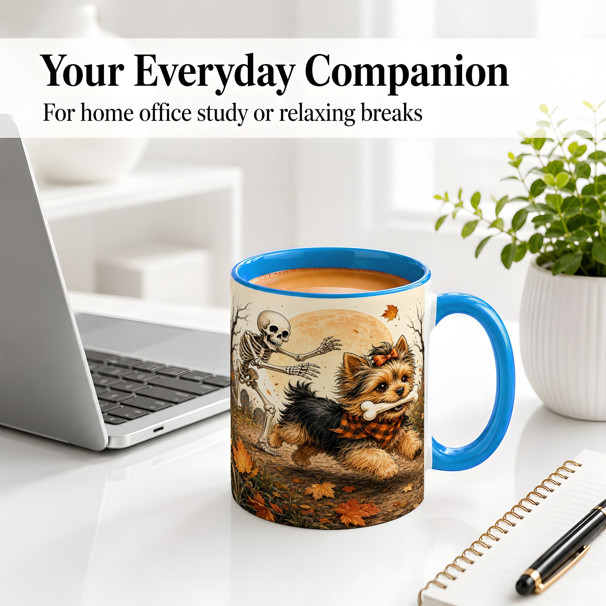 #pl[11oz|Blue] Autumn Moon Yorkie Chase Ceramic Mug, Skeleton Art for Dog Lovers
