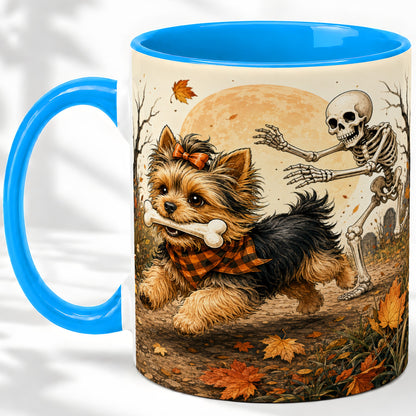 #pl[11oz|Blue] Autumn Moon Yorkie Chase Ceramic Mug, Skeleton Art for Dog Lovers