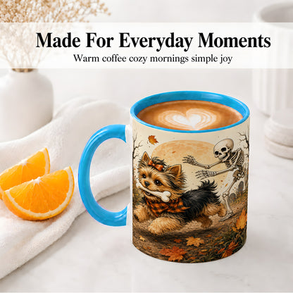 #pl[11oz|Blue] Autumn Moon Yorkie Chase Ceramic Mug, Skeleton Art for Dog Lovers