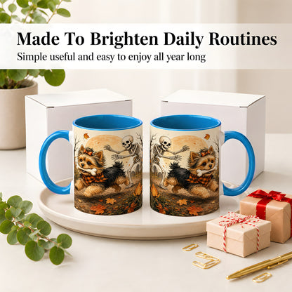 #pl[11oz|Blue] Autumn Moon Yorkie Chase Ceramic Mug, Skeleton Art for Dog Lovers