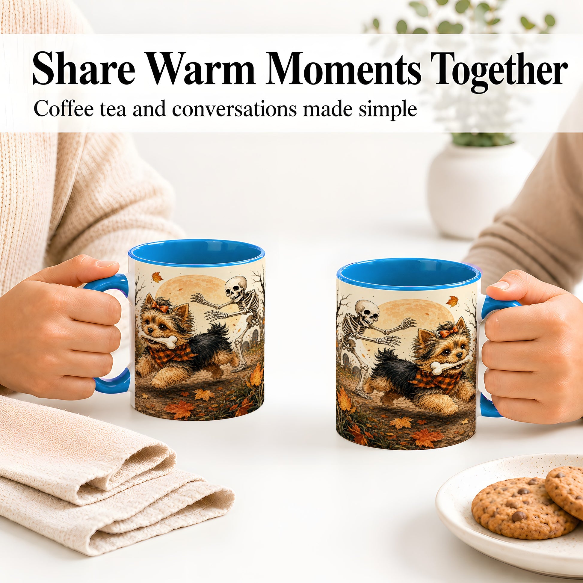#pl[11oz|Blue] Autumn Moon Yorkie Chase Ceramic Mug, Skeleton Art for Dog Lovers