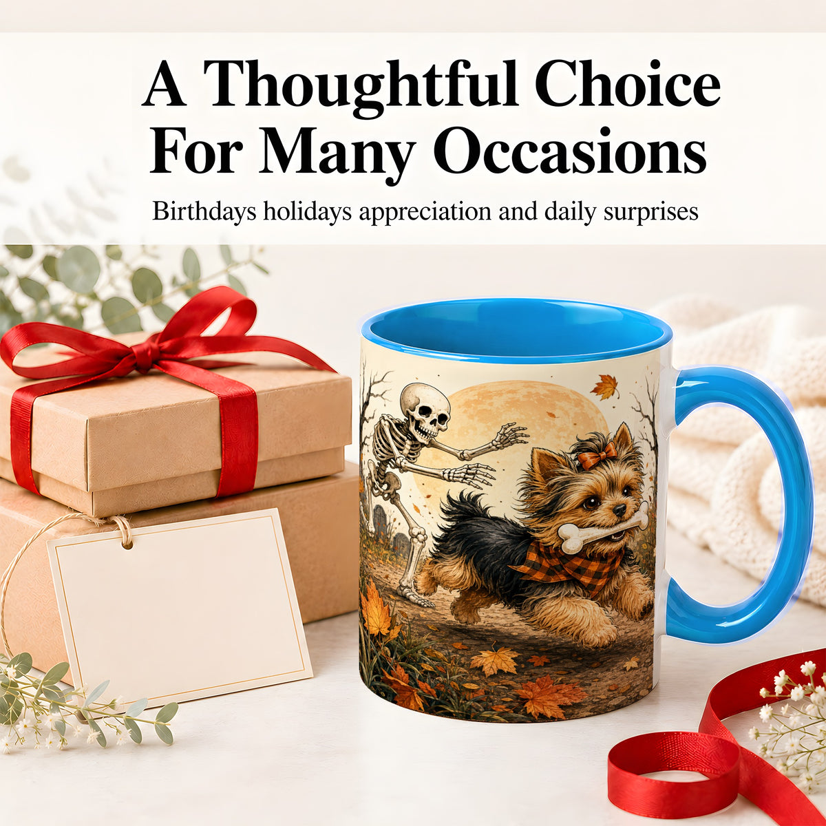 #pl[11oz|Blue] Autumn Moon Yorkie Chase Ceramic Mug, Skeleton Art for Dog Lovers