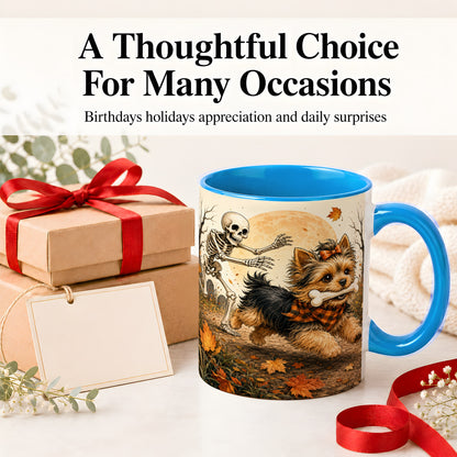 #pl[11oz|Blue] Autumn Moon Yorkie Chase Ceramic Mug, Skeleton Art for Dog Lovers