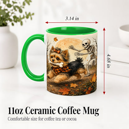 #pl[11oz|Green] Autumn Moon Yorkie Chase Ceramic Mug, Skeleton Art for Dog Lovers