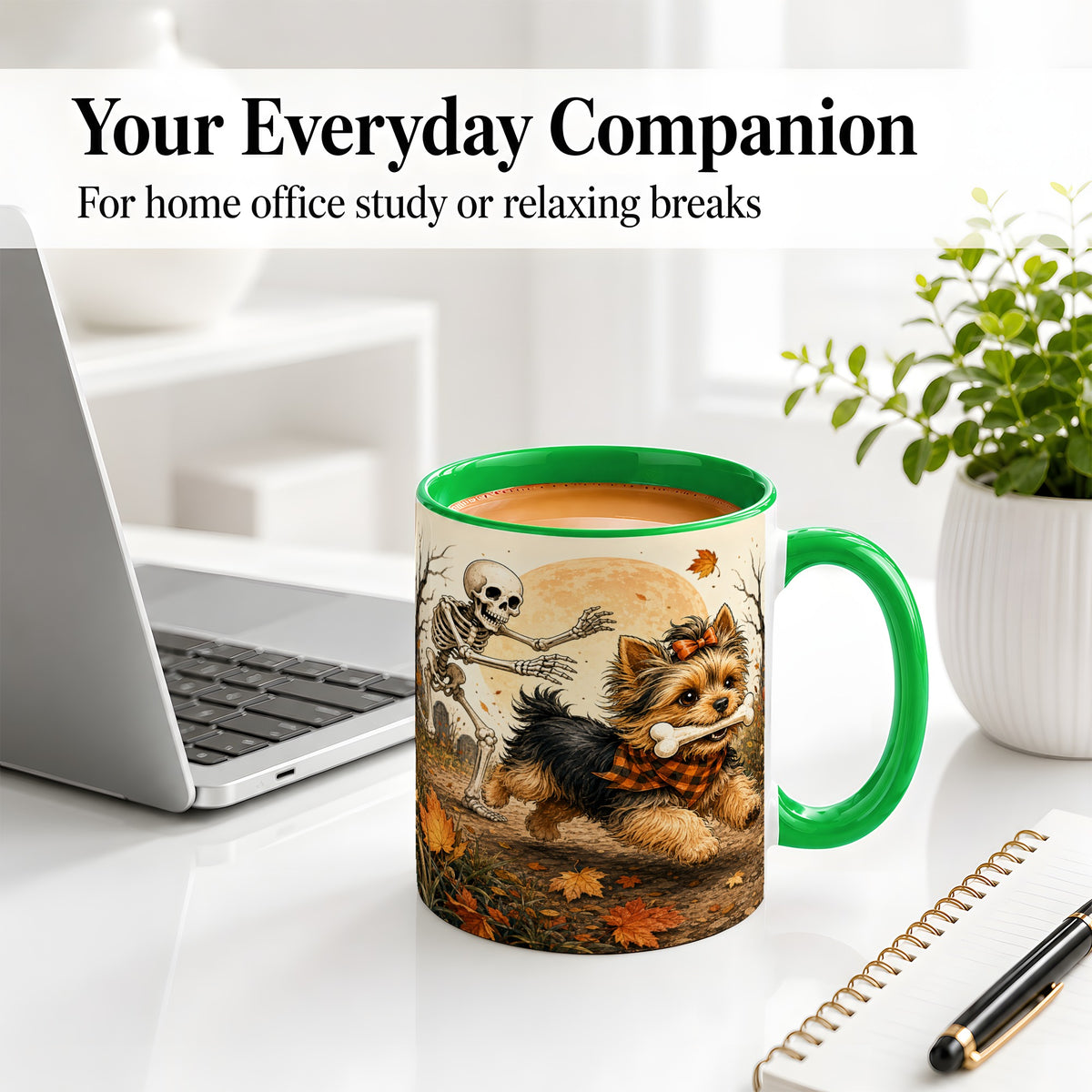 #pl[11oz|Green] Autumn Moon Yorkie Chase Ceramic Mug, Skeleton Art for Dog Lovers