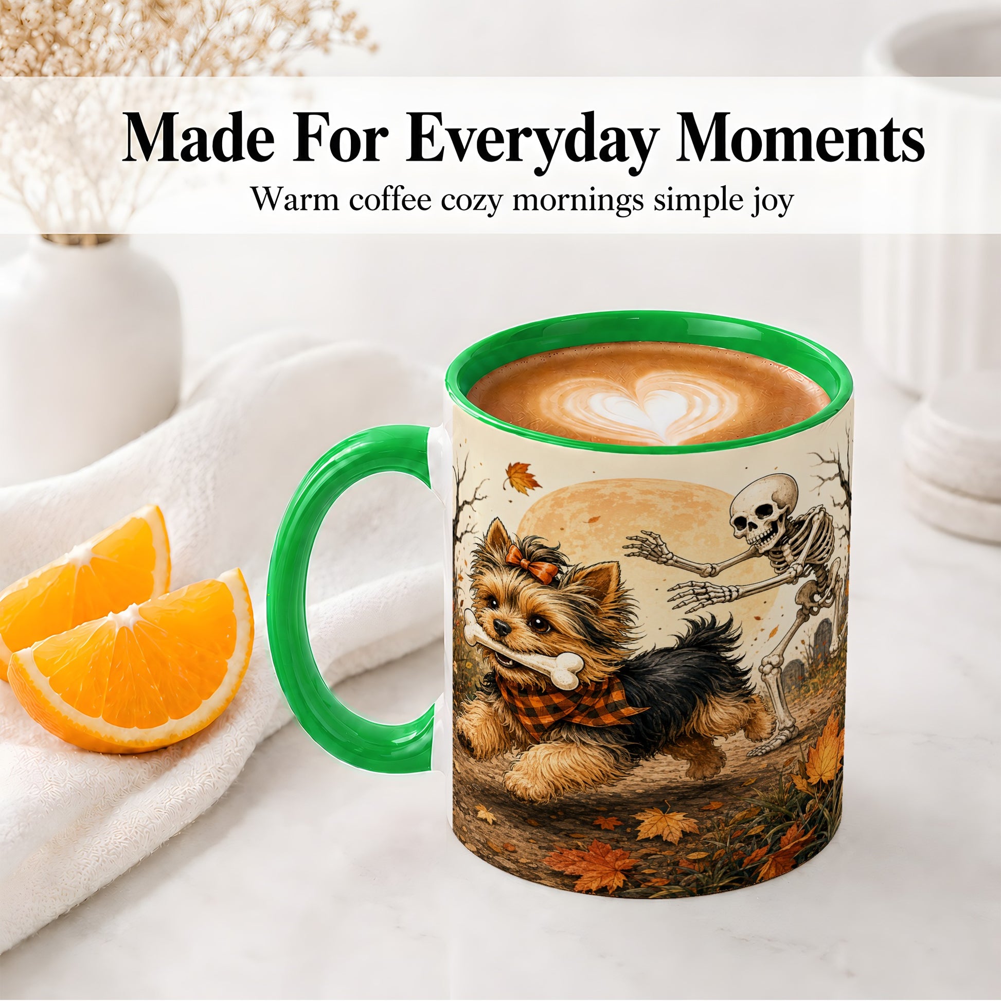 #pl[11oz|Green] Autumn Moon Yorkie Chase Ceramic Mug, Skeleton Art for Dog Lovers