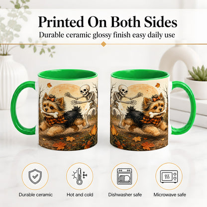 #pl[11oz|Green] Autumn Moon Yorkie Chase Ceramic Mug, Skeleton Art for Dog Lovers