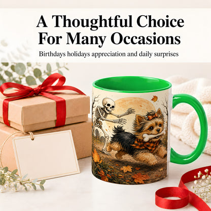 #pl[11oz|Green] Autumn Moon Yorkie Chase Ceramic Mug, Skeleton Art for Dog Lovers