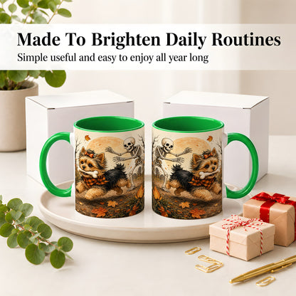#pl[11oz|Green] Autumn Moon Yorkie Chase Ceramic Mug, Skeleton Art for Dog Lovers