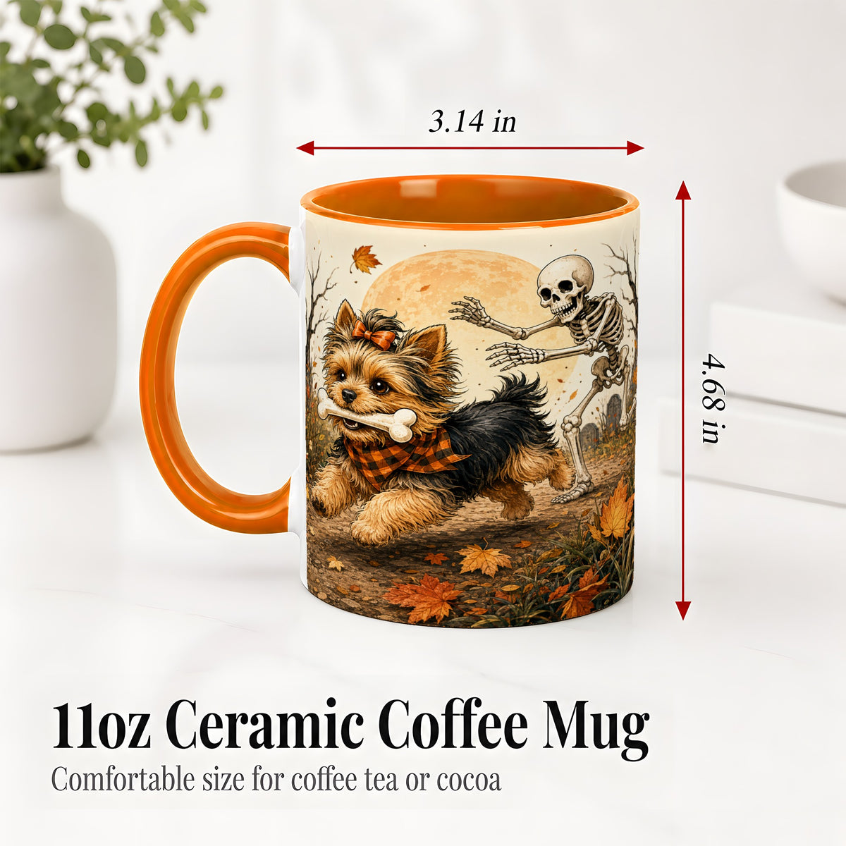 #pl[11oz|Orange] Autumn Moon Yorkie Chase Ceramic Mug, Skeleton Art for Dog Lovers