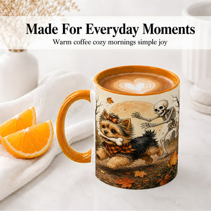 #pl[11oz|Orange] Autumn Moon Yorkie Chase Ceramic Mug, Skeleton Art for Dog Lovers