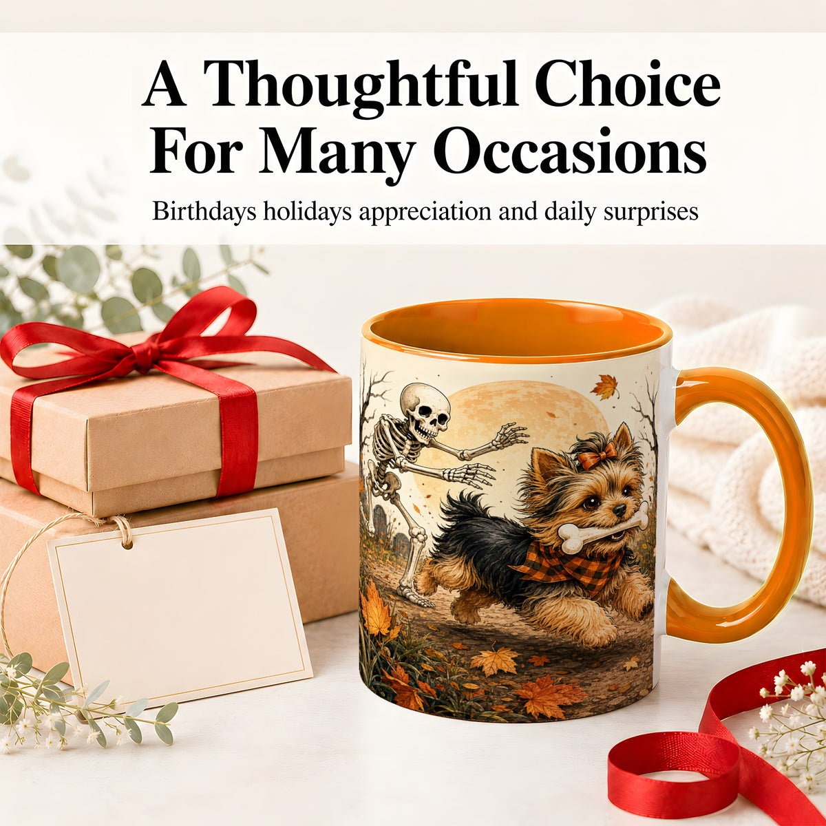 #pl[11oz|Orange] Autumn Moon Yorkie Chase Ceramic Mug, Skeleton Art for Dog Lovers