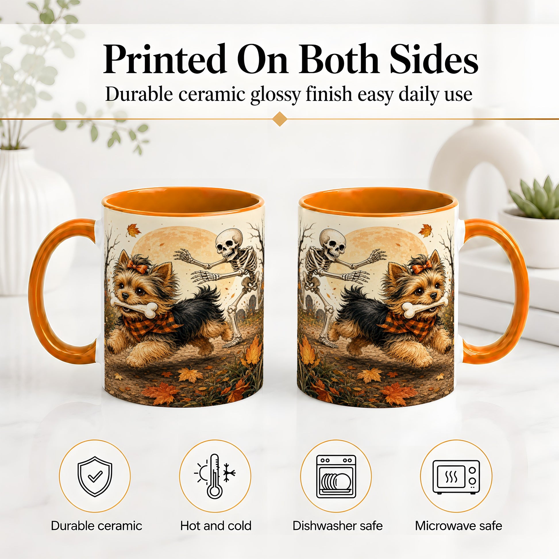 #pl[11oz|Orange] Autumn Moon Yorkie Chase Ceramic Mug, Skeleton Art for Dog Lovers