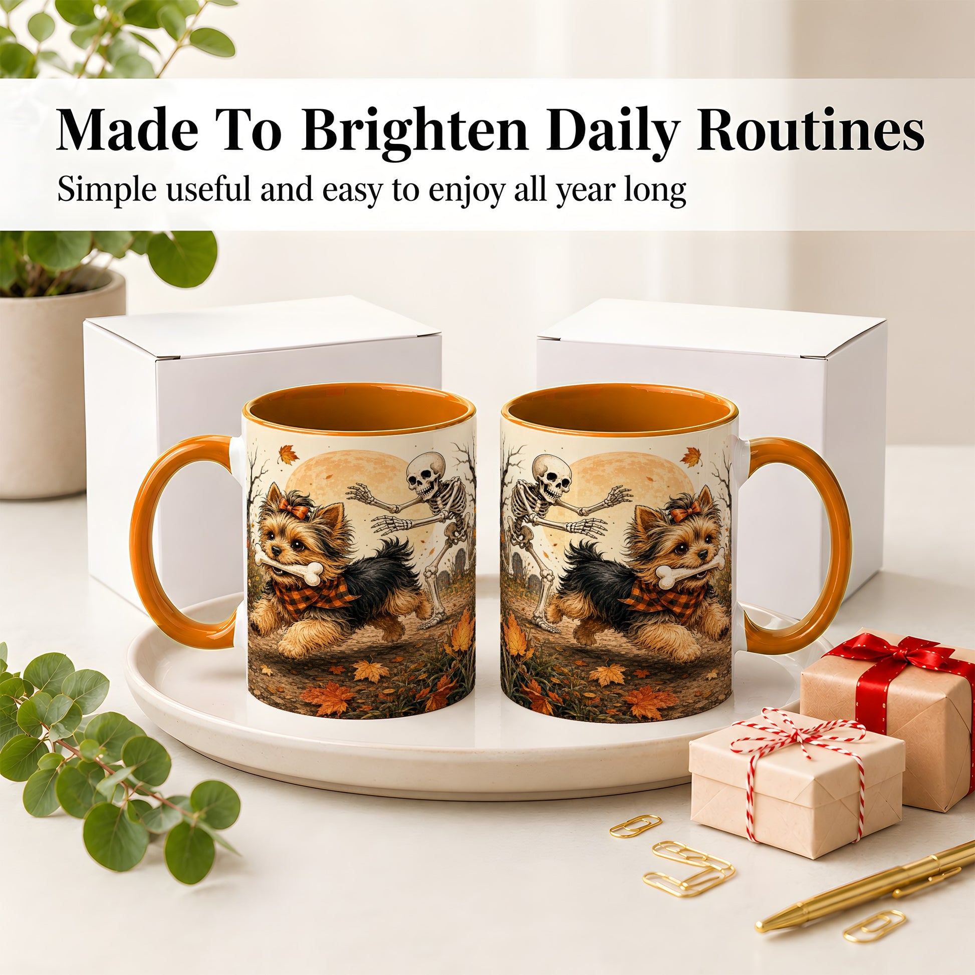 #pl[11oz|Orange] Autumn Moon Yorkie Chase Ceramic Mug, Skeleton Art for Dog Lovers