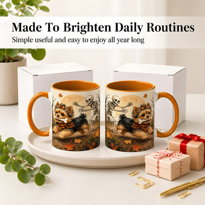 #pl[11oz|Orange] Autumn Moon Yorkie Chase Ceramic Mug, Skeleton Art for Dog Lovers