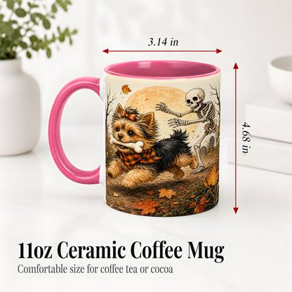 #pl[11oz|Pink] Autumn Moon Yorkie Chase Ceramic Mug, Skeleton Art for Dog Lovers