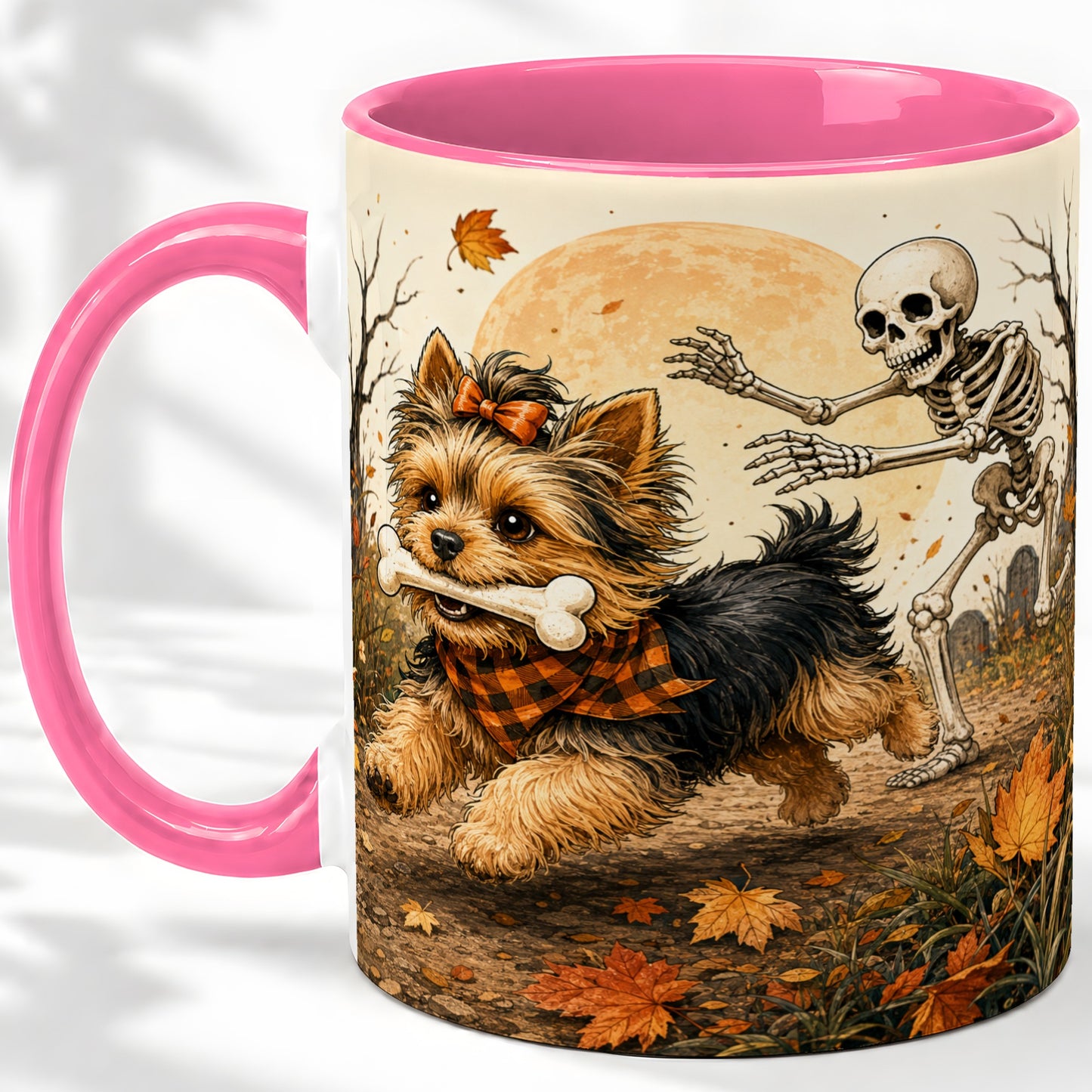 #pl[11oz|Pink] Autumn Moon Yorkie Chase Ceramic Mug, Skeleton Art for Dog Lovers