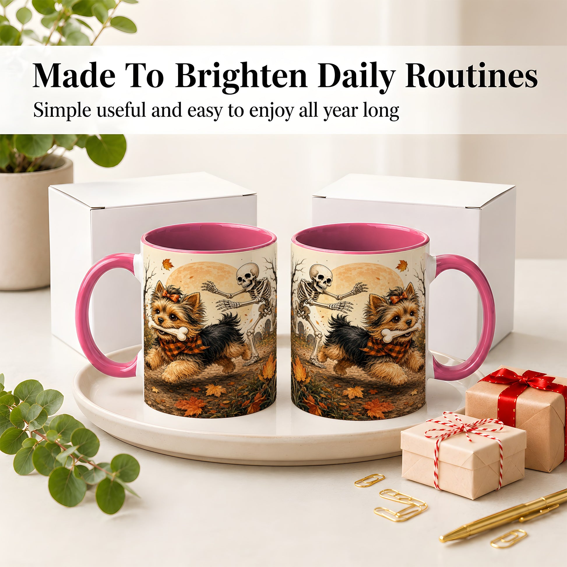 #pl[11oz|Pink] Autumn Moon Yorkie Chase Ceramic Mug, Skeleton Art for Dog Lovers