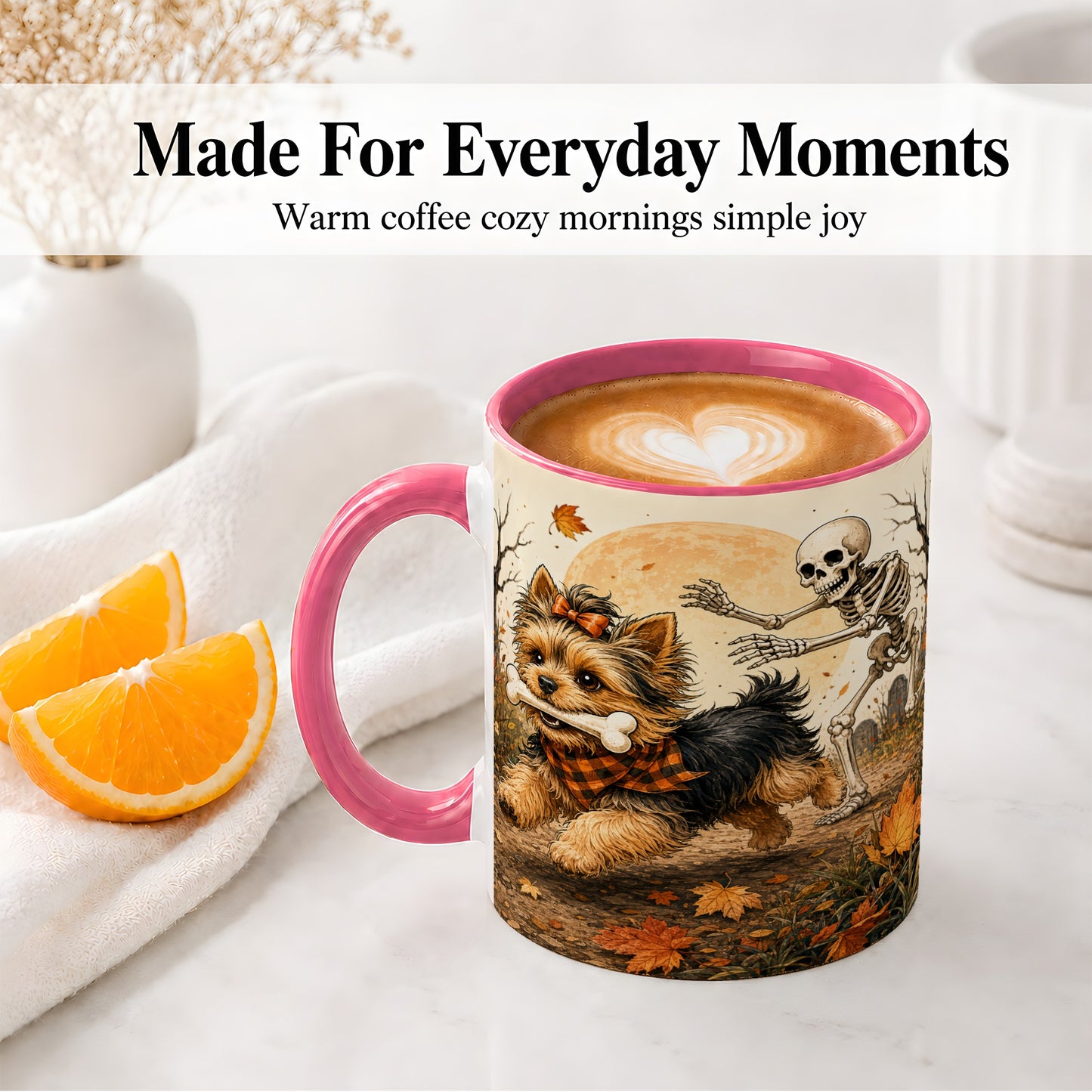 #pl[11oz|Pink] Autumn Moon Yorkie Chase Ceramic Mug, Skeleton Art for Dog Lovers