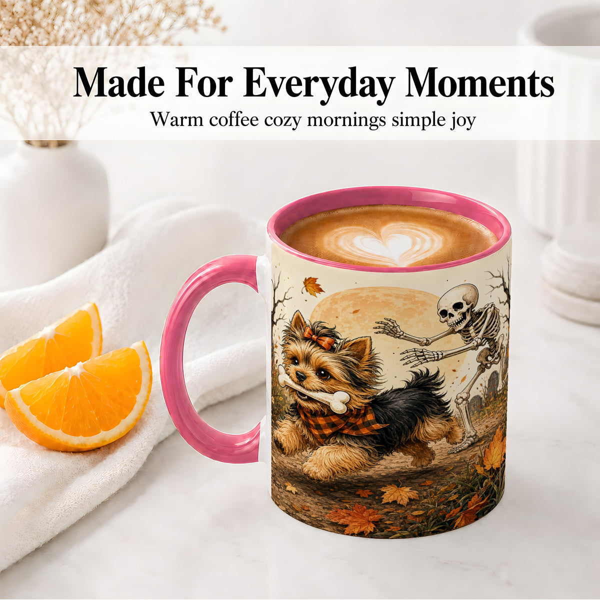 #pl[11oz|Pink] Autumn Moon Yorkie Chase Ceramic Mug, Skeleton Art for Dog Lovers