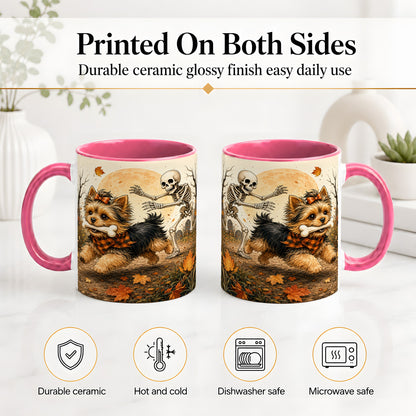 #pl[11oz|Pink] Autumn Moon Yorkie Chase Ceramic Mug, Skeleton Art for Dog Lovers
