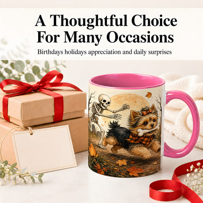 #pl[11oz|Pink] Autumn Moon Yorkie Chase Ceramic Mug, Skeleton Art for Dog Lovers