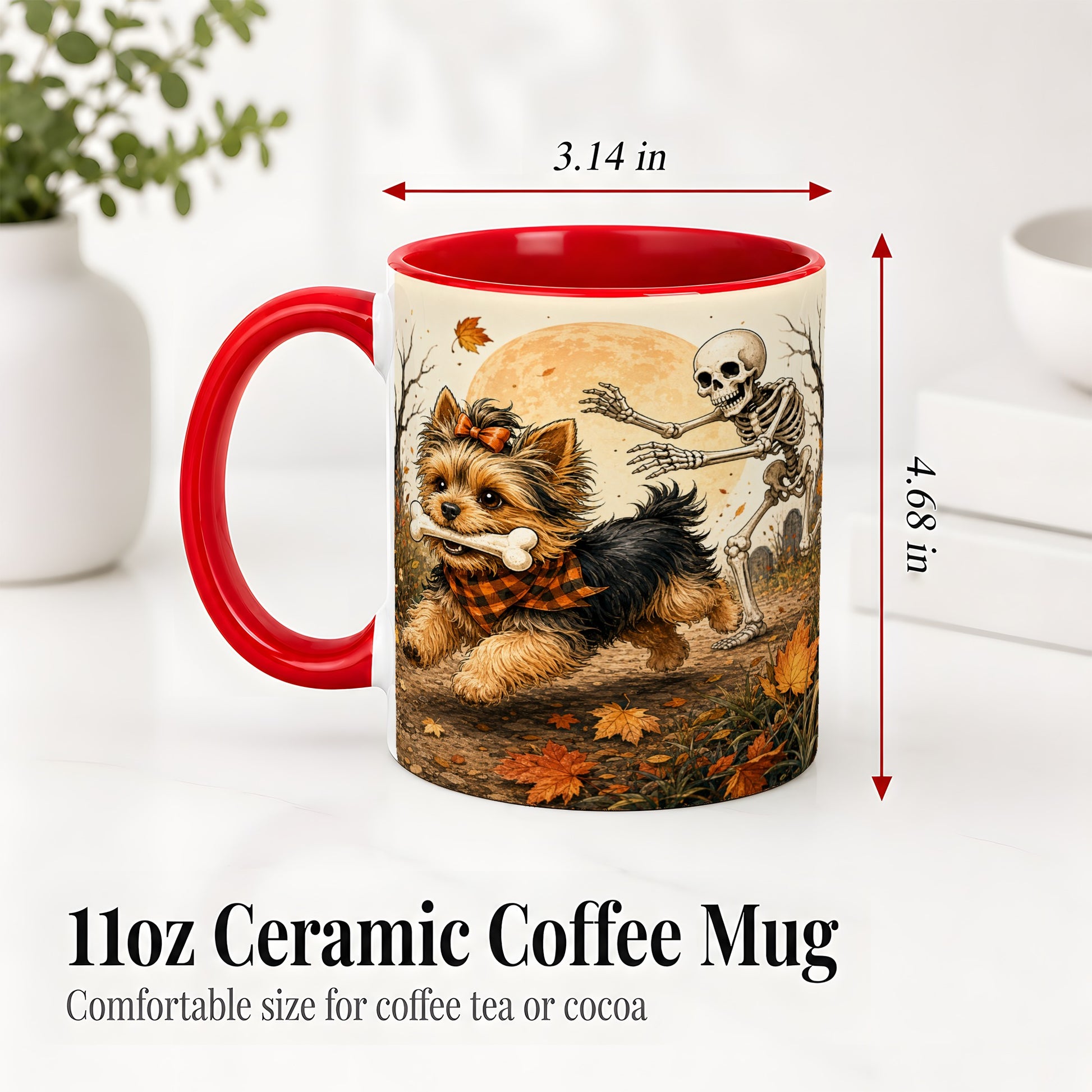 #pl[11oz|Red] Autumn Moon Yorkie Chase Ceramic Mug, Skeleton Art for Dog Lovers