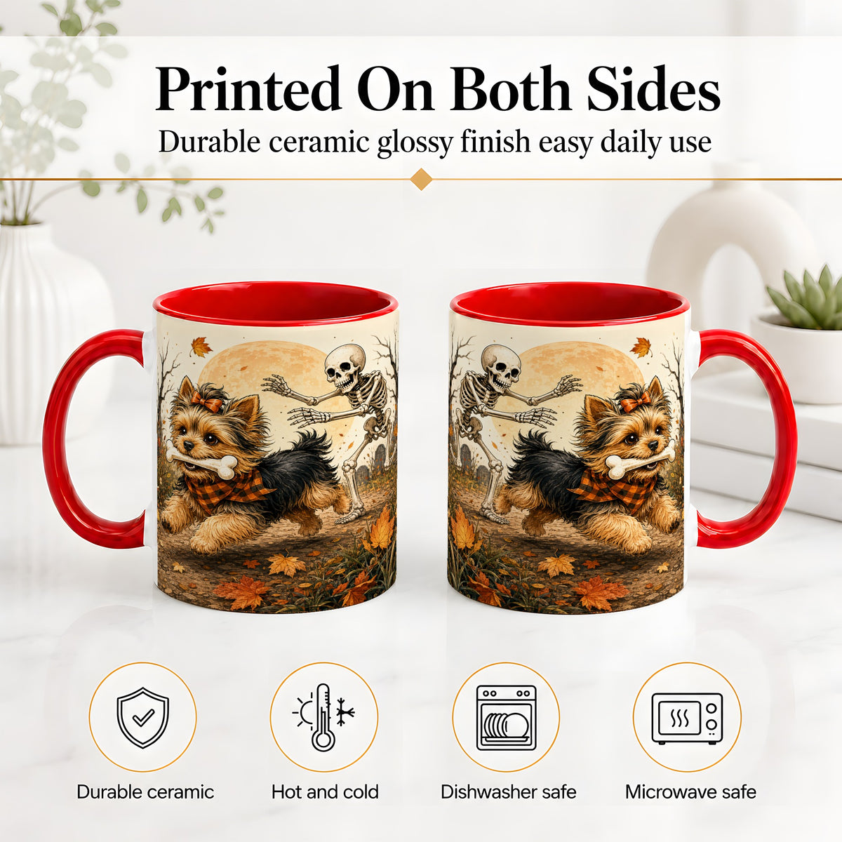#pl[11oz|Red] Autumn Moon Yorkie Chase Ceramic Mug, Skeleton Art for Dog Lovers